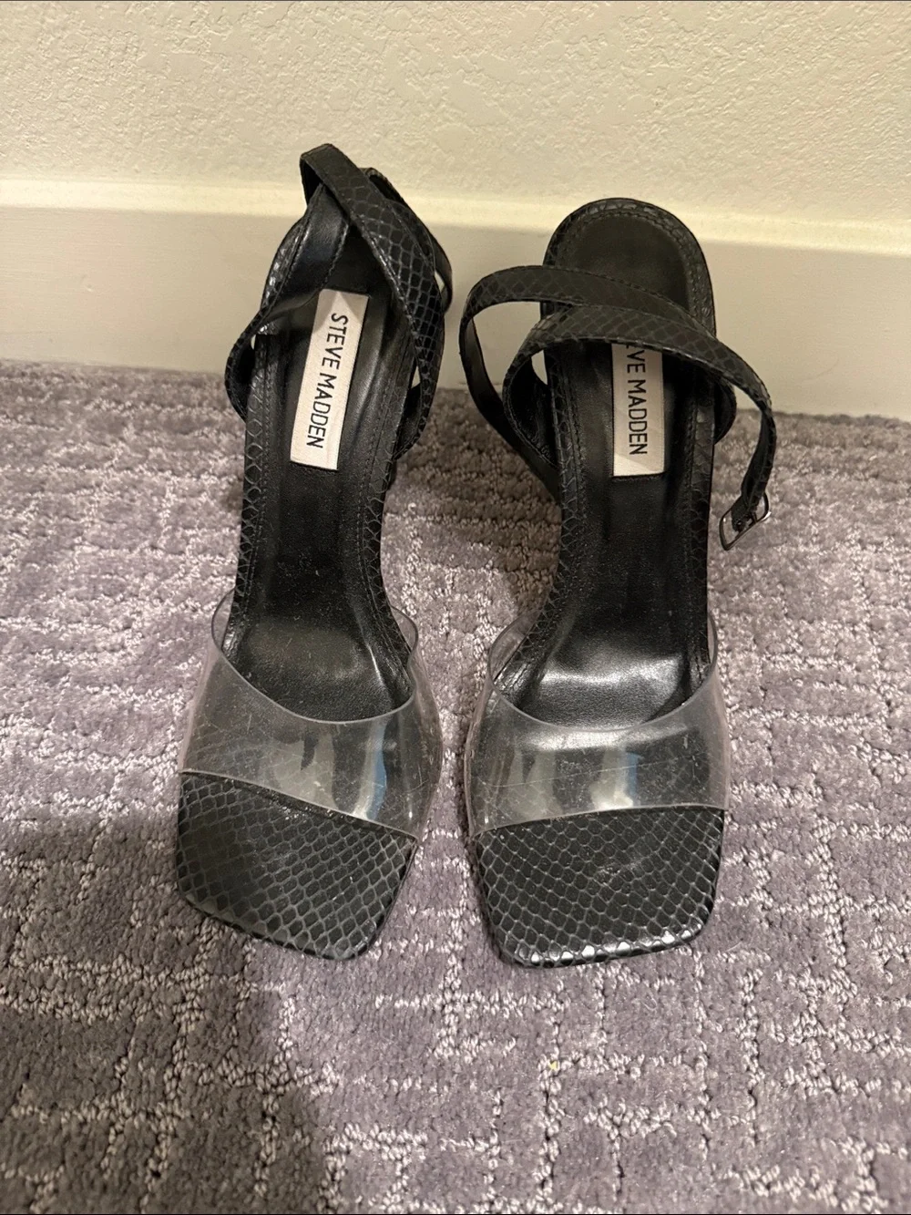 Steve Madden Black Snake-Embossed Clear Strap Heels